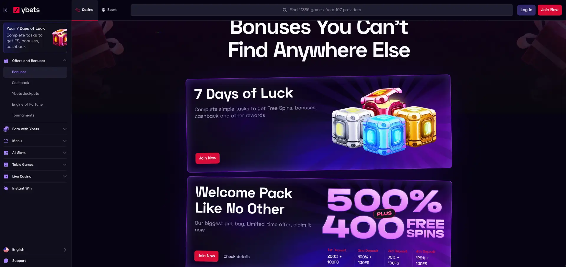 Ybets Casino slots with 11386 games and 107 software providers